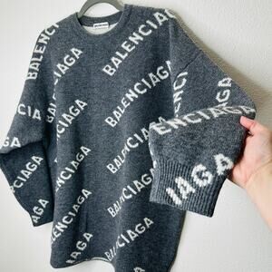 Balenciaga Dark Gray Long Sleeve White Logo'd Crew Neck Sweater L